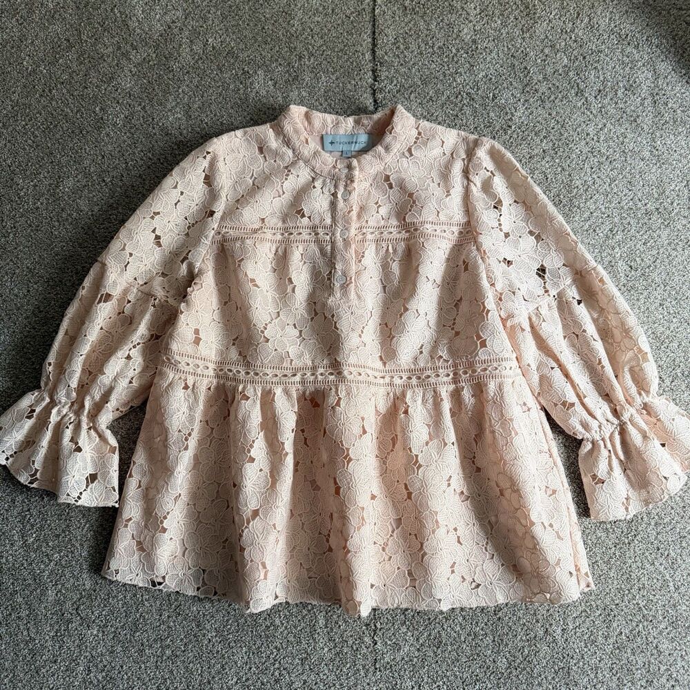 Tuckernuck Helena Lace Top Pink Floral Embroidered Lace Peasant Bell Sleeve L